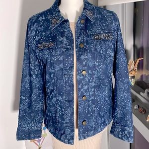 Vintage Dark Blue Floral Jean Jacket with Autumn Sequin Studs